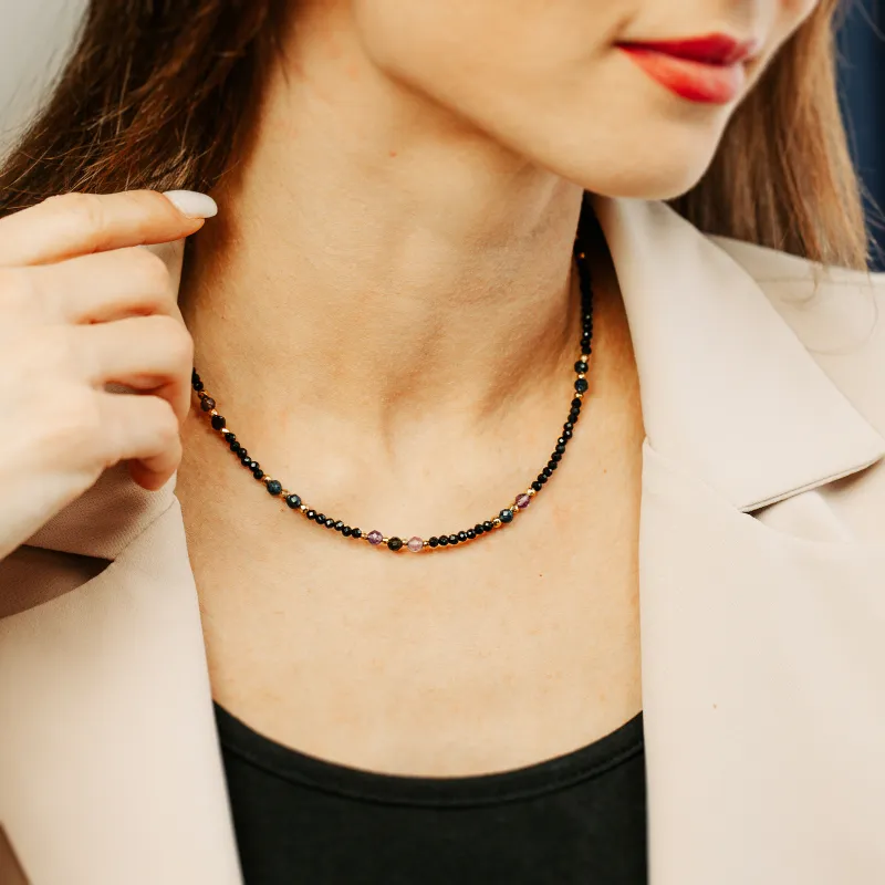 Ametyst, Obsydian, Szafir - srebro pozłacane naszyjnik na koncentrację, miłość, sukces - Strzelec