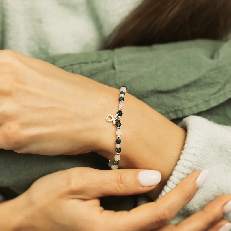 Agat, Kwarc Różowy, Szafir - srebrna bransoletka na koncentrację, siłę, harmonię - Byk