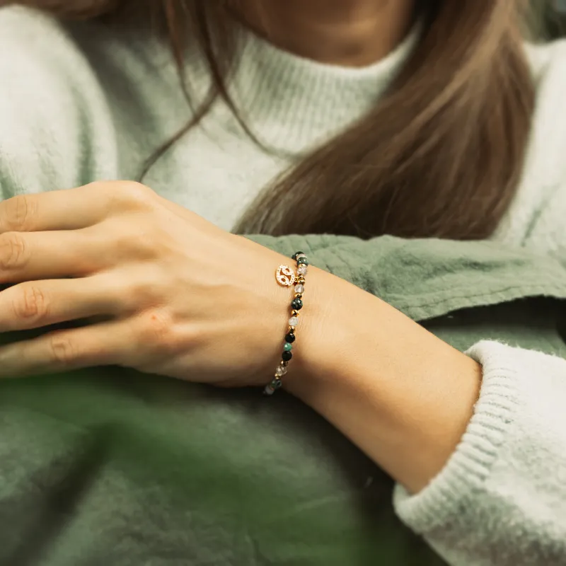 Szmaragd, Kamień Księżycowy, Jaspis - srebrna pozłacana bransoletka na miłość, spokój, ochronę - Rak