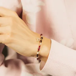 Rubin, Granat, Kryształ Górski - srebrna pozłacana bransoletka na radość, miłość, szczęście - Lew