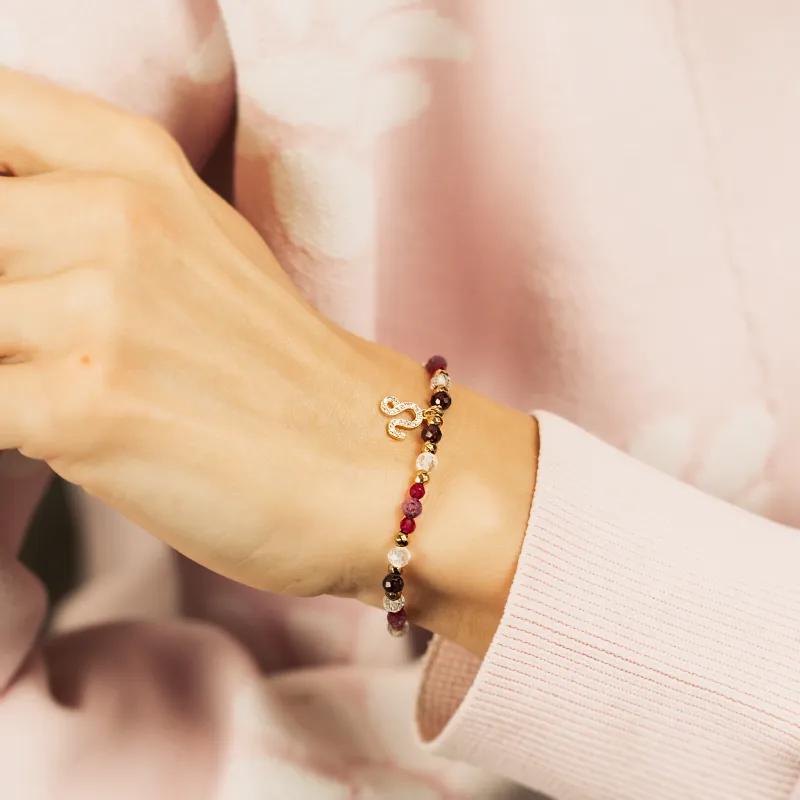 Rubin, Granat, Kryształ Górski - srebrna pozłacana bransoletka na radość, miłość, szczęście - Lew