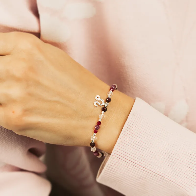 Rubin, Granat, Kryształ Górski - srebrna bransoletka na radość, miłość, szczęście - Lew