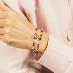 Rubin, Granat, Kryształ Górski - srebrna bransoletka na radość, miłość, szczęście - Lew