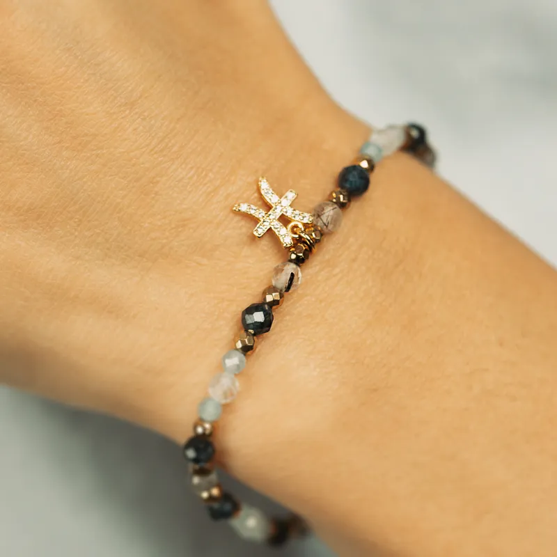 Szafir, Kamień Księżycowy, Akwamaryn - srebrna pozłacana bransoletka na zdrowie, miłość, intuicję - Ryby