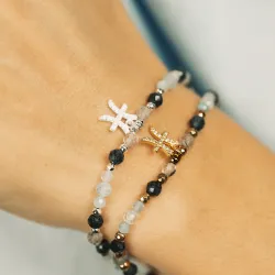 Szafir, Kamień Księżycowy, Akwamaryn - srebrna pozłacana bransoletka na zdrowie, miłość, intuicję - Ryby