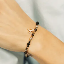 Turmalin, Kwarc Dymny, Kamień Księżycowy - srebrna pozłacana bransoletka na ochronę, bogactwo, uzdrawianie - Koziorożec