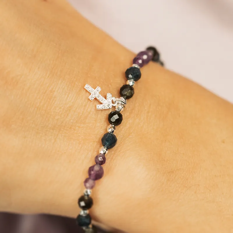 Ametyst, Obsydian, Szafir - srebrna bransoletka na koncentrację, miłość, sukces - Strzelec