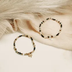 Turmalin, Kwarc Dymny, Kamień Księżycowy - srebrna pozłacana bransoletka na ochronę, bogactwo, uzdrawianie - Koziorożec