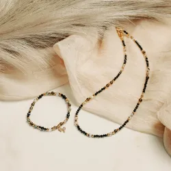 Turmalin, Kwarc Dymny, Kamień Księżycowy - srebro pozłacane naszyjnik na ochronę, bogactwo, uzdrowienie - Koziorożec