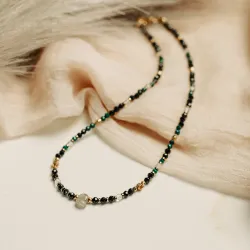 Turmalin, Malachit, Kryształ Górski - srebro pozłacane naszyjnik na ochronę, bogactwo, uzdrowienie - Lumina