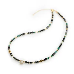 Turmalin, Malachit, Kryształ Górski - srebro pozłacane naszyjnik na ochronę, bogactwo, uzdrowienie - Lumina