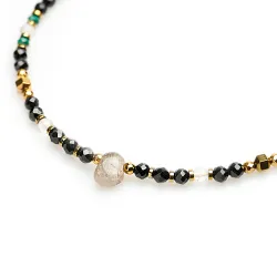 Turmalin, Kwarc Dymny, Kamień Księżycowy - srebro pozłacane naszyjnik na ochronę, bogactwo, uzdrowienie - Koziorożec