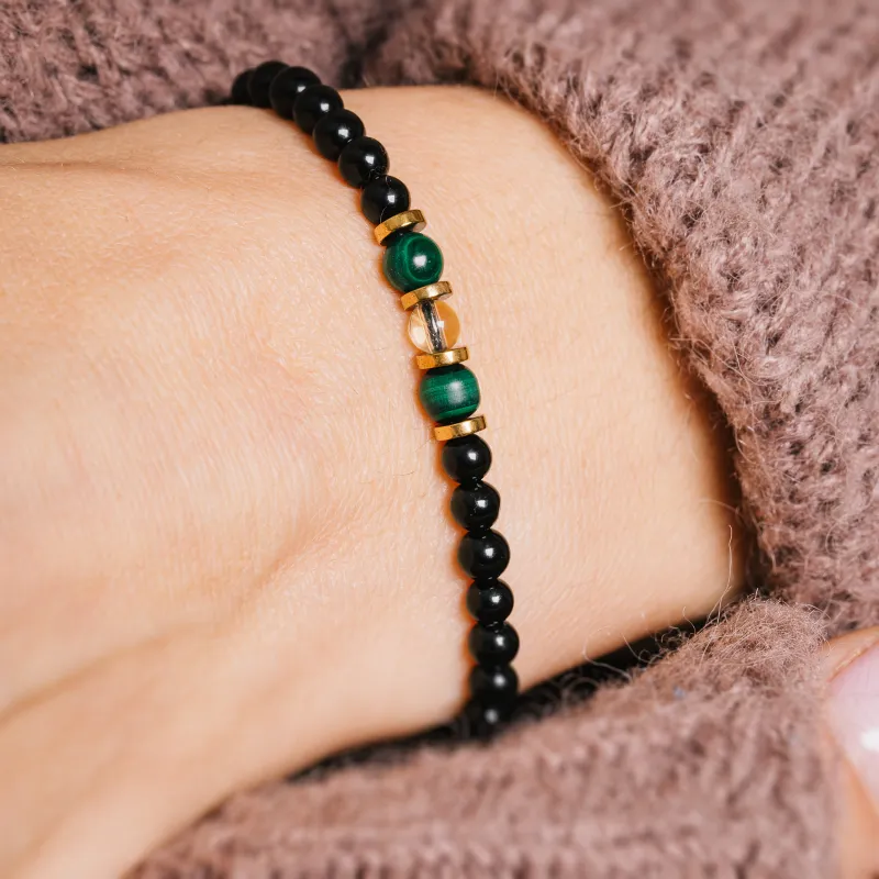 Malachit, Cytryn, Turmalin - bransoletka na sznurku na odwagę, siłę, spokój - Ona i On