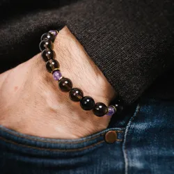 Bransoletka męska na gumce – Kwarc Dymny, Ametyst i Hematyt | Ona i On