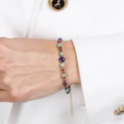 Ametyst, Amazonit, Hematyt - srebrna pozłacana bransoletka na koncentrację, miłość, sukces - Energia Sukcesu