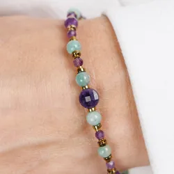 Ametyst, Amazonit, Hematyt - srebrna pozłacana bransoletka na koncentrację, miłość, sukces - Energia Sukcesu