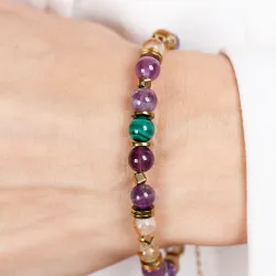 Ametyst, Malachit, Cytryn - srebrna pozłacana bransoletka na koncentrację, miłość, sukces - Energia Sukcesu