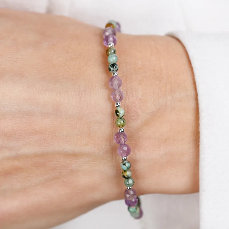 Turkus, Ametyst - srebrna bransoletka na zdrowie, ochronę, szczęście - Oaza Szczęścia