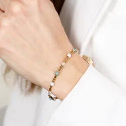 Perła, Kryształ Górski, Turkus - srebro pozłacane bransoletka na harmonię, uzdrawianie, spokój - Skarby Oceanu