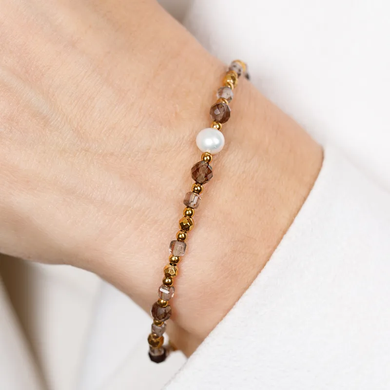 Kwarc Dymny, Perła - srebrna pozłacana bransoletka na siłę, uzdrowienie, kreatywność - Skarby Oceanu