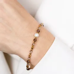 Kwarc Dymny, Perła - srebrna pozłacana bransoletka na siłę, uzdrowienie, kreatywność - Skarby Oceanu