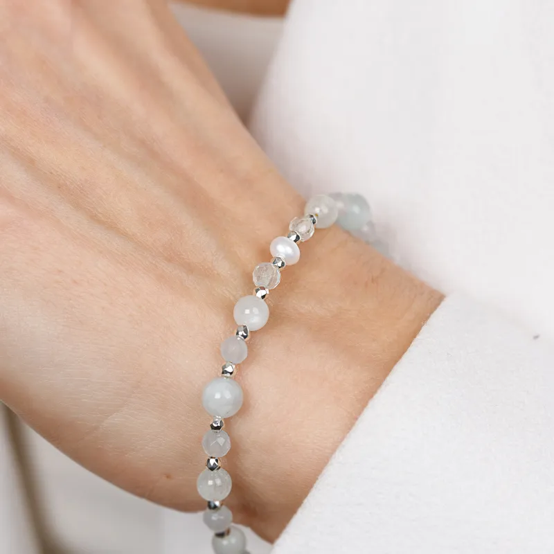 Akwamaryn, Perła - srebrna bransoletka na zdrowie, odwagę, harmonię - Skarby Oceanu