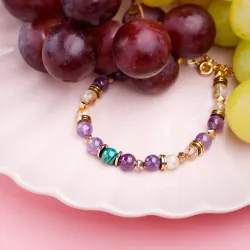 Ametyst, Malachit, Cytryn - srebrna pozłacana bransoletka na koncentrację, miłość, sukces - Energia Sukcesu