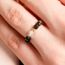 Labradoryt, Obsydian - srebrny pozłacany pierścionek na ochronę, siłę, intuicję - Wewnętrzna Ochrona