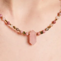 Kwarc Różowy, Rodochrozyt, Kamień Księżycowy - srebrny pozłacany naszyjnik na miłość, harmonię - Ezoteryczna Elegancja