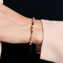 Kwarc Różowy, Rodochrozyt, Kamień Księżycowy - srebrna pozłacana bransoletka na miłość, harmonię - Ezoteryczna Elegancja