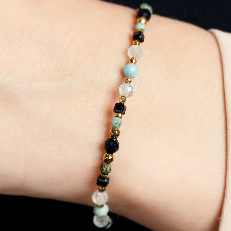 Spektrolit, Turmalin, Akwamaryn - srebrna pozłacana bransoletka na szczęście, ochronę, koncentrację - Ezoteryczna Elegancja