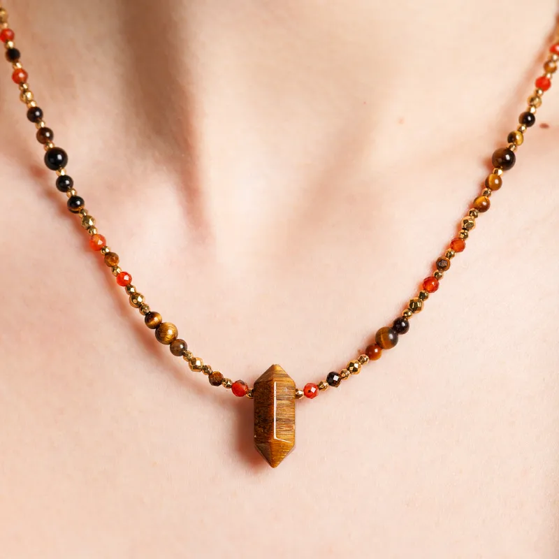 Tygrysie Oko, Karneol, Hematyt - srebrny pozłacany naszyjnik na bogactwo, sukces, siłę - Ezoteryczna Elegancja