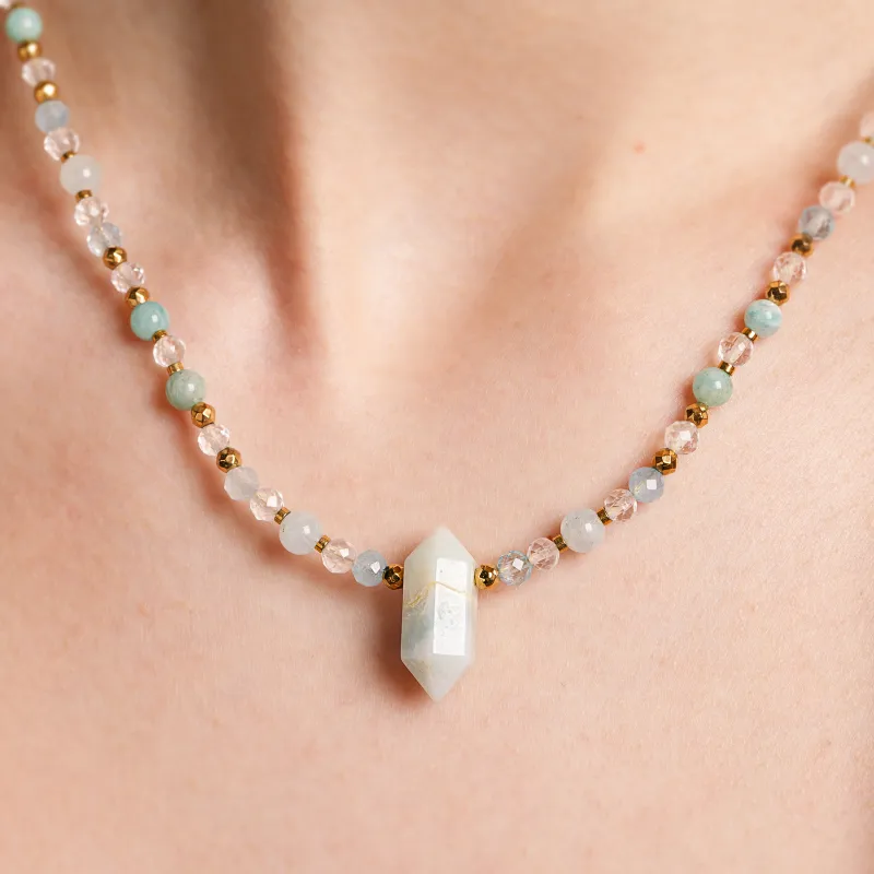 Amazonit, Kryształ Górski, Akwamaryn - srebrny pozłacany naszyjnik na bogactwo, harmonię, odwagę - Ezoteryczna Elegancja