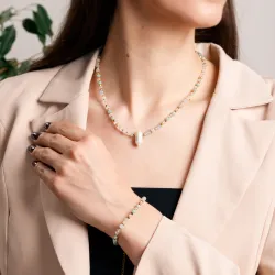 Amazonit, Kryształ Górski, Akwamaryn - srebrny pozłacany naszyjnik na bogactwo, harmonię, odwagę - Ezoteryczna Elegancja