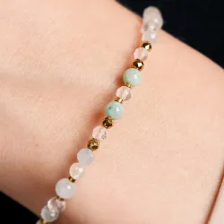 Amazonit, Kryształ Górski, Akwamaryn - srebrna pozłacana bransoletka na bogactwo, harmonię, odwagę - Ezoteryczna Elegancja