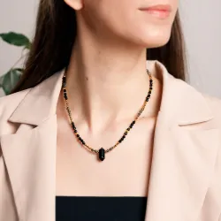 Turmalin, Piryt, Onyks, Hematyt - srebrny pozłacany naszyjnik na ochronę, bogactwo, uzdrowienie - Ezoteryczna Elegancja