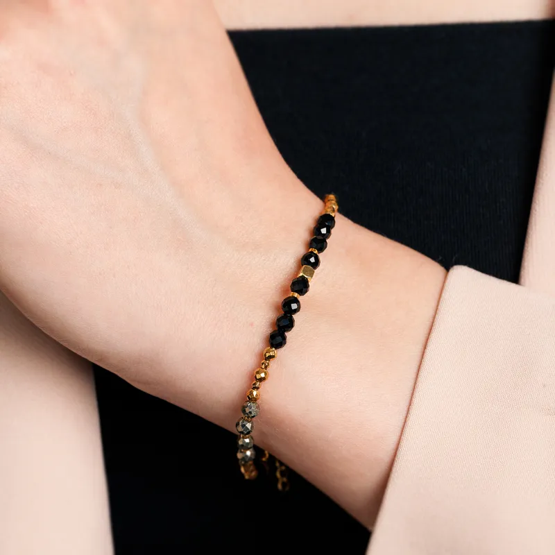 Turmalin, Piryt, Onyks, Hematyt - srebrna pozłacana bransoletka na ochronę, bogactwo, uzdrowienie - Ezoteryczna Elegancja