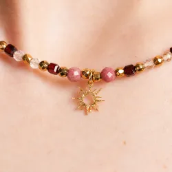 Kryształ Górski, Granat, Rodochrozyt, Hematyt - srebrny pozłacany naszyjnik na intuicję, sukces, uzdrowienie - Światło Spokoju