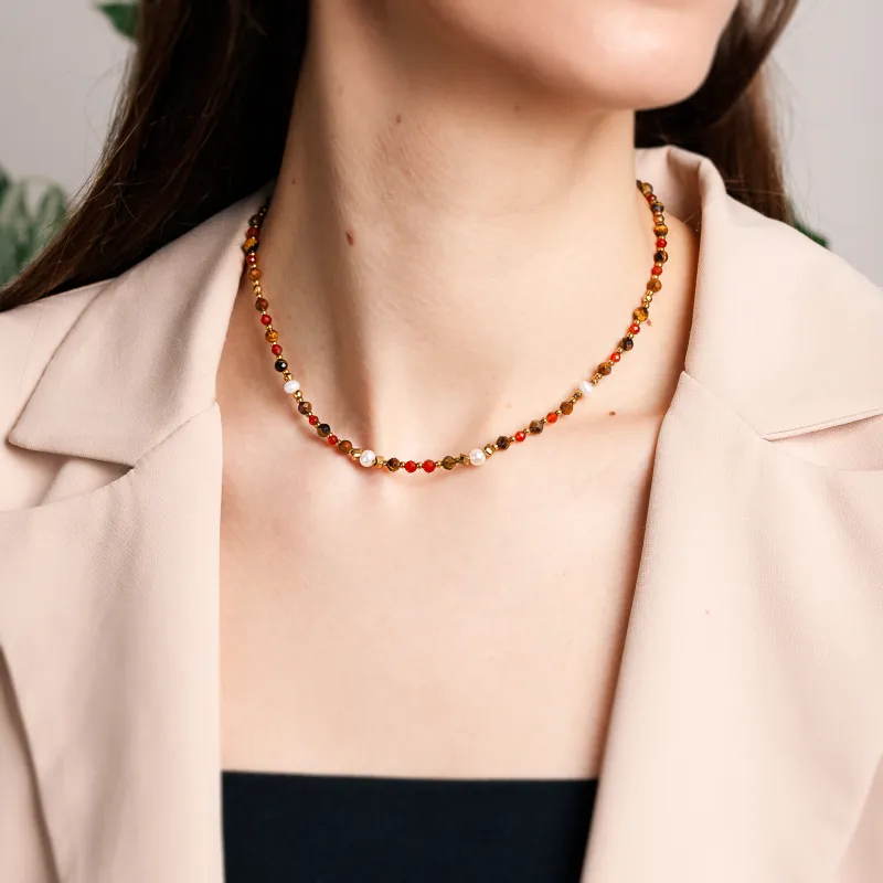 Tygrysie Oko, Perła, Karneol, Hematyt - srebrny pozłacany naszyjnik na bogactwo, sukces, siłę - Symfonia Bogactwa