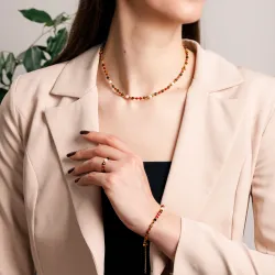 Tygrysie Oko, Perła, Karneol, Hematyt - srebrny pozłacany naszyjnik na bogactwo, sukces, siłę - Symfonia Bogactwa