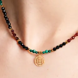 Turmalin, Malachit, Granat - srebrny pozłacany naszyjnik na ochronę, bogactwo, uzdrowienie - Andromeda