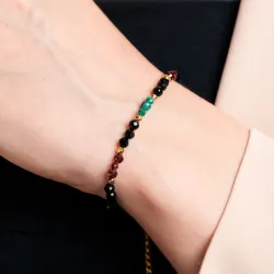 Turmalin, Malachit, Granat - srebrna pozłacana bransoletka na ochronę, bogactwo, uzdrowienie - Leonidy