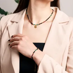 Turmalin, Malachit, Granat - srebrna pozłacana bransoletka na ochronę, bogactwo, uzdrowienie - Leonidy