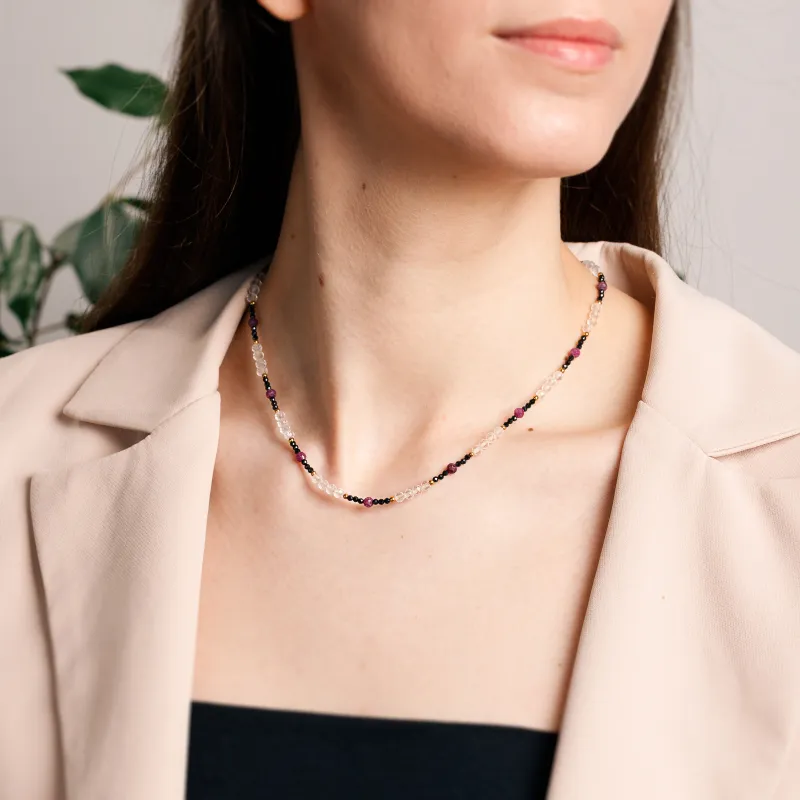 Kryształ Górski, Turmalin, Rubin - srebrny pozłacany naszyjnik na intuicję, sukces, uzdrawianie - Światło Spokoju