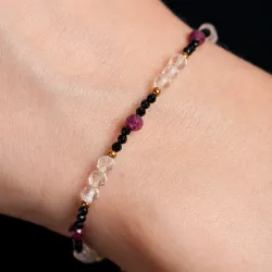 Kryształ Górski, Turmalin, Rubin - srebrna pozłacana bransoletka na intuicję, sukces, uzdrowienie - Pocałunek Miłości