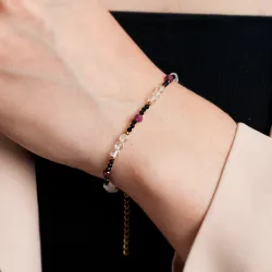 Kryształ Górski, Turmalin, Rubin - srebrna pozłacana bransoletka na intuicję, sukces, uzdrowienie - Pocałunek Miłości