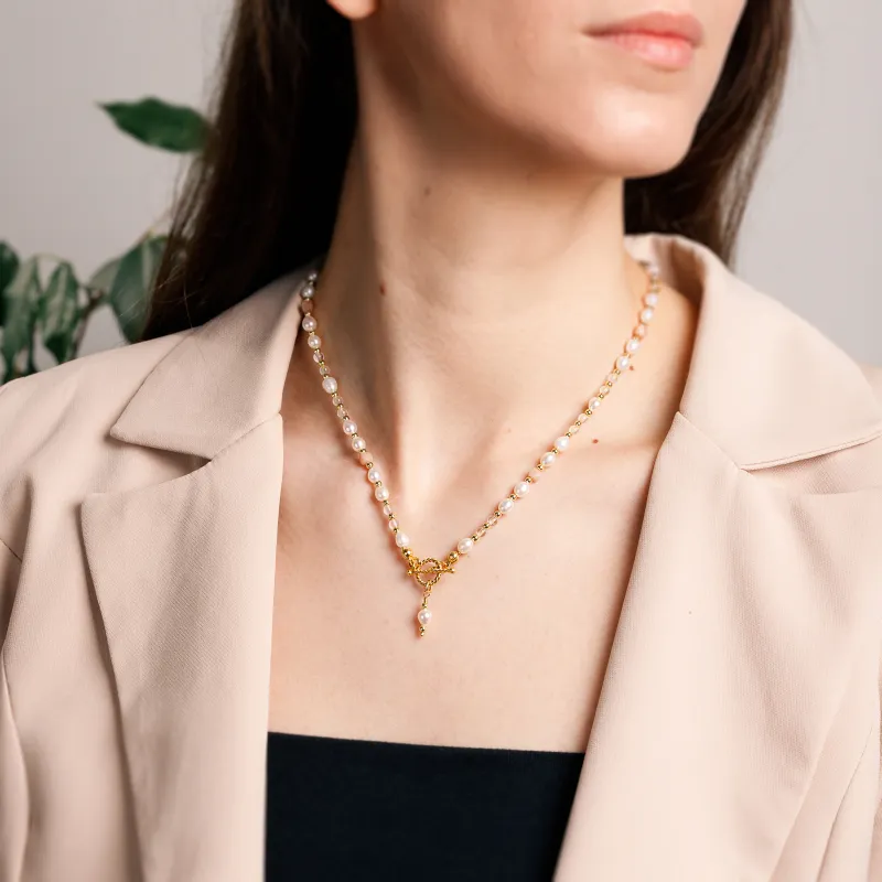 Perła, Kryształ Górski, Kamień Słoneczny - srebrny pozłacany naszyjnik na harmonię, uzdrawianie, spokój - Skarby Oceanu