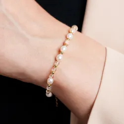 Perła, Kryształ Górski, Kamień Słoneczny - srebrna pozłacana bransoletka na ochronę, harmonię, intuicję - Skarby Oceanu