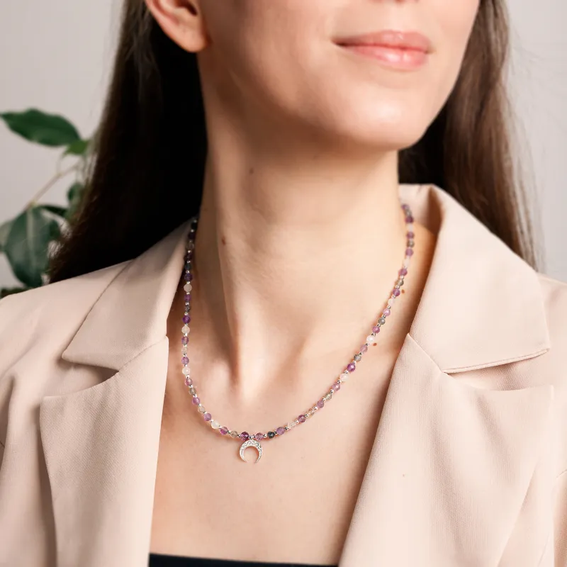 Ametyst, Kamień Księżycowy - srebrny naszyjnik na koncentrację, miłość, sukces - Energia Sukcesu