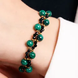 Turmalin, Malachit, Hematyt - srebrna pozłacana bransoletka na ochronę, bogactwo, uzdrowienie - Stella